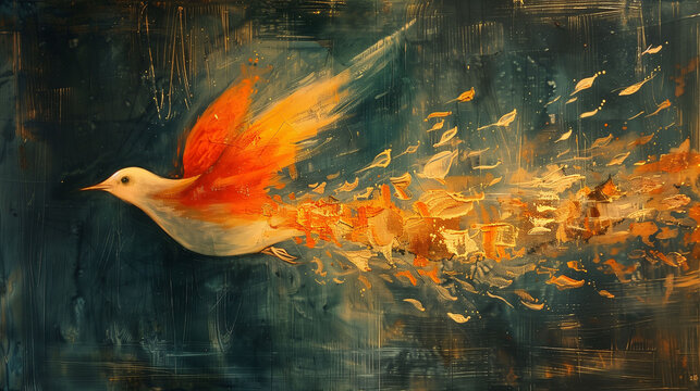 A vibrant painting of a bird with fiery orange tail feathers soaring across a textured blue background.