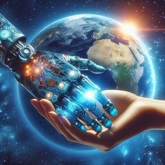 handshake between artificial intelligence and a human against the backdrop of the planet Earth