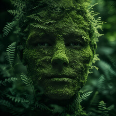 beautiful girl merged with nature, showcasing lush greenery, evoking a sense of mystery and nature's beauty