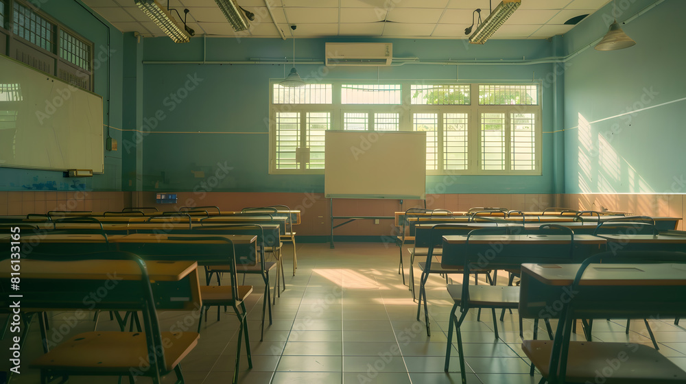 Poster lecture room or school empty classroom with desks and chair iron wood for studying lessons in high s