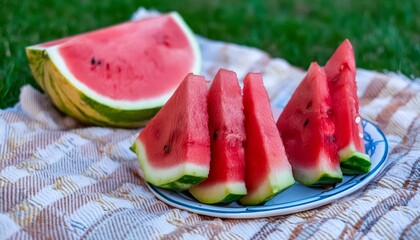 Watermelon Slices On A Patterned Cloth Outdoors, With Grass In The Background.
