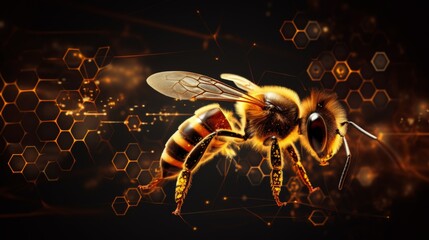 Artistic interpretation of a honey bee surrounded by dynamic light trails against a hexagonal pattern