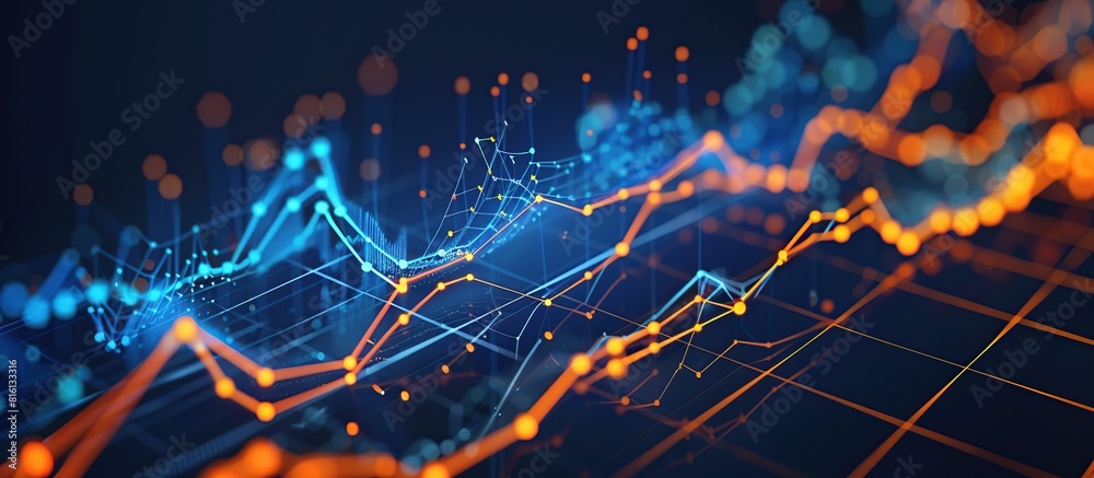 Poster Digital technology background with graphs and diagrams on dark blue background.