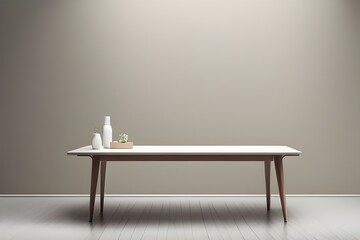 Wooden table with white top as podium with grey wall and shiny tiled floor for product photography background