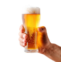 hand holding up a glass of beer over a white background. Variety of beer glass, cheers.