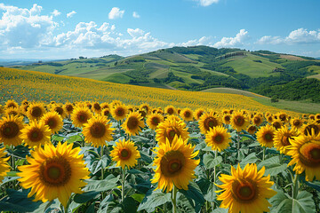 Endless fields of sunflowers with yellow flowers swaying in the wind