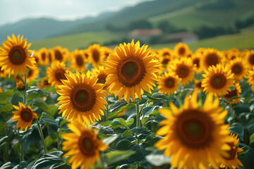 Endless fields of sunflowers with yellow flowers swaying in the wind