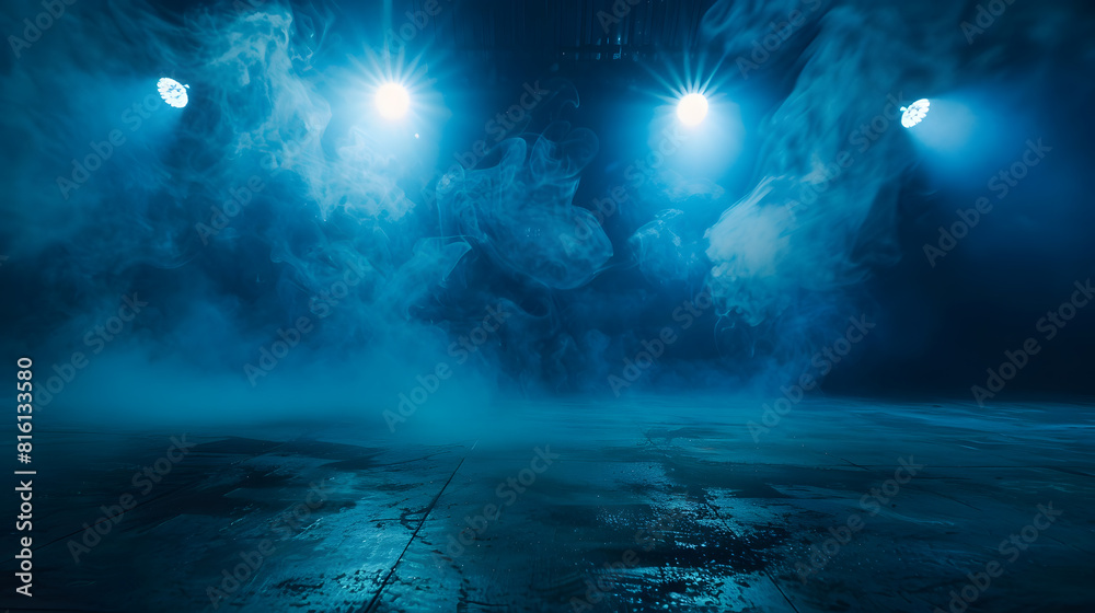 Poster a dark empty street dark blue background an empty dark scene neon light spotlights the asphalt floor