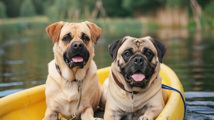 Two Adorable Pugs Enjoying a Summer Day on a Yellow Canoe in a Calm Lake