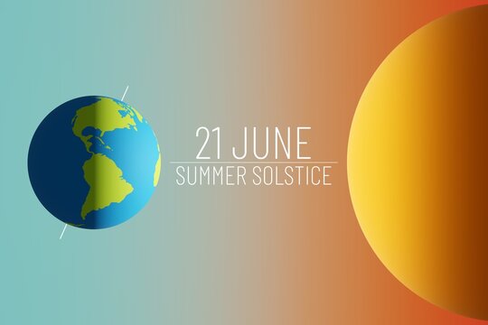 An 3D illustration showing the position of the Earth relative to the Sun during the summer solstice. Template for background, banner, card, poster with text inscription 21 June Summer Solstice.