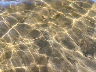 Surface of the water. Sun glare. Sandy bottom.
