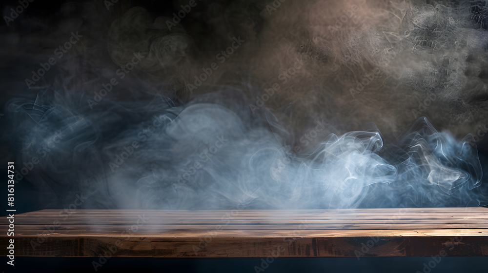 Poster empty wooden table with smoke float up on dark background Empty Space for display your products : Generative AI