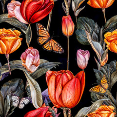 Seamless tulips and butterflies pattern, realistic style, spring wallpaper design. Generative ai