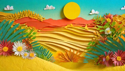 夏の季節と温かい日差しが共に訪れる、幻想的で美しく表現、ややトロピカル、彫紙で表現　Generated by AI