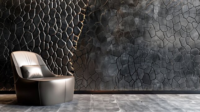 Modern interior design with dark grey textured wall, made of black metal texture with cracked pattern for decoration, leather armchair and floor in gray color, perfect for living room or office.