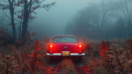 Vintage red car parked on a foggy forest road surrounded by autumn foliage.