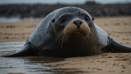 Severely oil-contaminated seal found on the ocean shore, highlighting marine environmental disasters