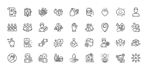 Cyber attack, Wash hands and Dont touch line icons pack. AI, Question and Answer, Map pin icons. Puzzle, Ranking, Touchscreen gesture web icon. Hand, Hold box, Equity pictogram. Vector