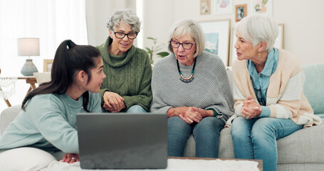 Laptop, friends and senior women on sofa online for social media, streaming movies and internet...