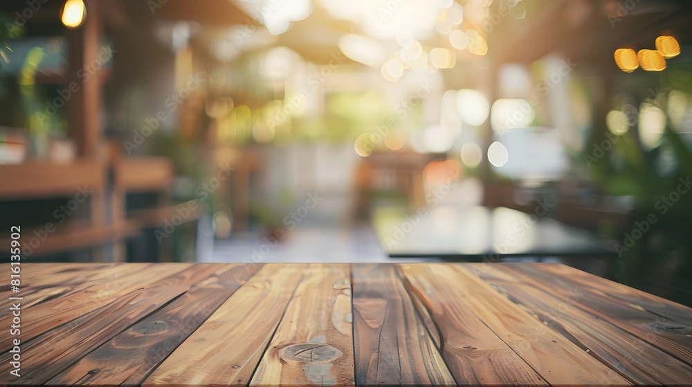 Poster Empty wooden table space platform and blurred cafe or restaurant background for product display montage : Generative AI