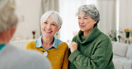 Selfie, fun and senior woman friends in a home for a visit during retirement together while looking...