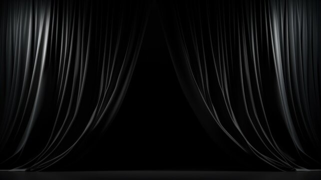 A classic theater stage with a completely closed black curtain, elegant and awaiting a grand opening or event
