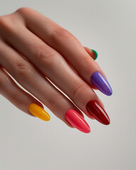 AI generated photo of a woman's hand with bright multicolored manicure on long almond nails. Isolated on white background