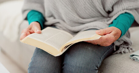 Closeup, hands and senior woman reading the bible, faith and guidance with religion, peace and...