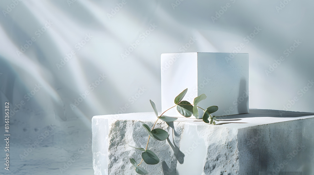 Poster White empty box on texture stones with eucalyptus on light background with shadow Podium or showcase concept for product presentation sale or advertising banner Copy space : Generative AI