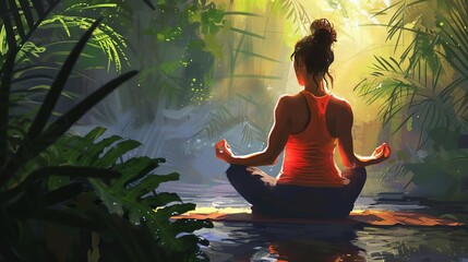 serene woman practicing yoga in tranquil nature setting digital painting