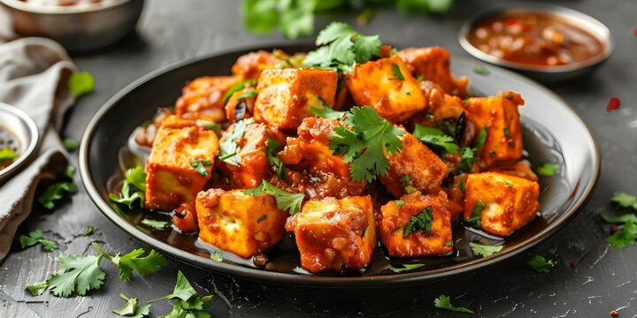 Paneer Cheese Cubes and Cilantro: A Delicious Indian Dish. Concept Indian Cuisine, Vegetarian Recipe, Easy Cooking Ideas