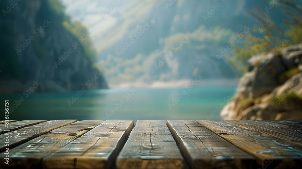 Aufkleber The empty wooden table top with blur background of summer lakes mountain Exuberant image : Generative AI