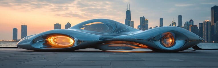 A futuristic car parked in front of a modern city skyline - Powered by Adobe