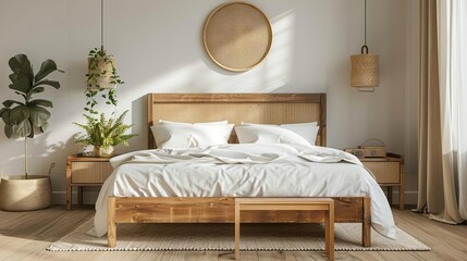 Fototapeta premium wooden home bedroom interior with bed nightstand and decor mockup frame