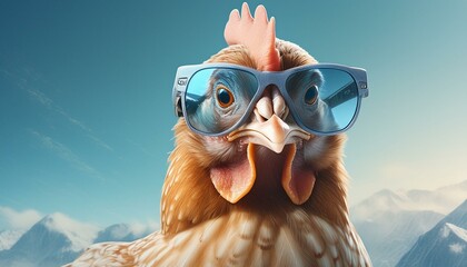 Creative animal concept. Chicken hen in sunglass shade glasses isolated on solid pastel background,...