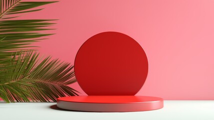 An eye-catching red circular podium in a 3D rendering, complemented with palm leaves against a pink backdrop