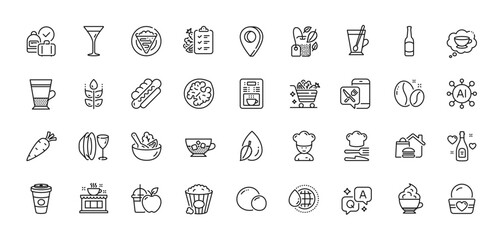 Coffee shop, Cooking chef and Takeaway coffee line icons pack. AI, Question and Answer, Map pin icons. Gluten free, Walnut, Cappuccino cream web icon. Carrot, Peas, Food delivery pictogram. Vector