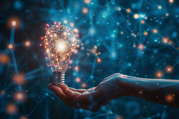 A hand is holding a light bulb that is glowing in the dark
