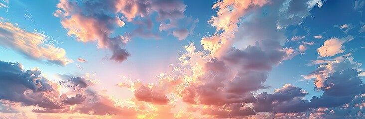 A panoramic view of a majestic sunset with dramatic clouds makes a perfect abstract background and a best seller wallpaper choice