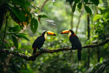 
Toucan sitting on the branch in the forest, green vegetation, Costa Rica. Nature travel in central America. Two Keel-billed Toucan, Ramphastos