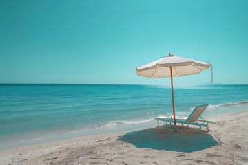 A minimalist white sun chair with a billowing linen umbrella, casting a cool shadow on a beach of pristine white sand. Blazing summer sun beats down on the turquoise ocean in the distance.