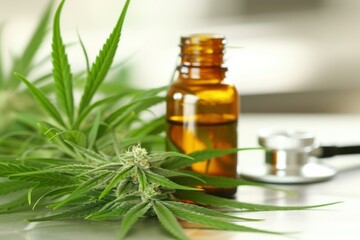 Fototapeta premium Closeup image of a cannabis plant, oil bottle, and stethoscope showcasing alternative medicine