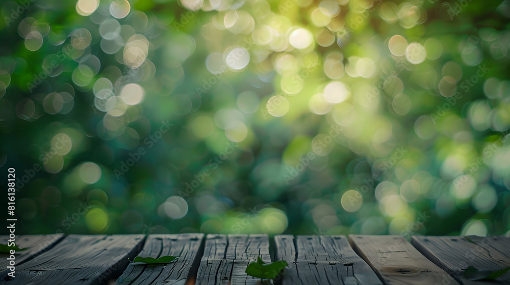 Poster wood table top on blur green tree background for display or montage product : generative ai