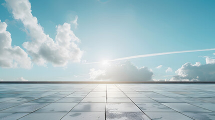 Empty floor ground on rooftop with beautiful sunlight blue sky : Generative AI