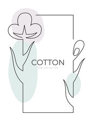 Frame of cotton sprout with leaves drawn in one line with colored spots. Flat doodle style. Vector illustration.
