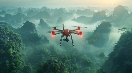 A drone is flying over a lush green forest