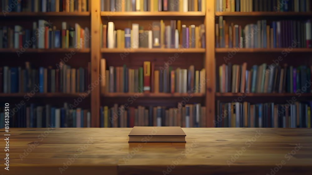 Aufkleber Empty wooden desk space platform with library background for product display montage Education concept : Generative AI