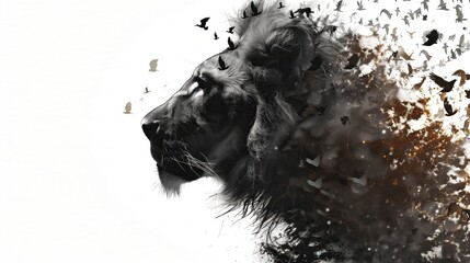 Digital Artwork of Lion Head Transforming into Birds