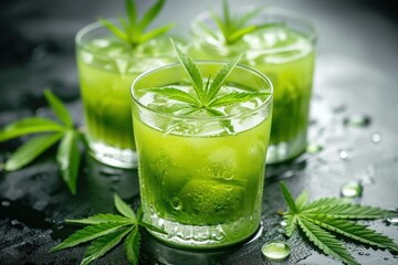 Chilled green drinks garnished with marijuana leaves on a wet black background