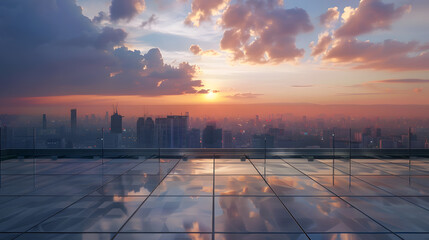 Empty square floor and city skyline with sky clouds at sunset : Generative AI